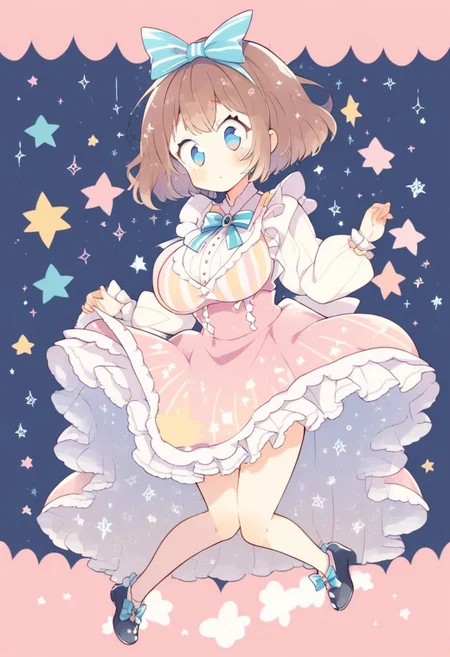 score_9, score_8_up, score_7_up,
masterpiece, best quality, detailed, amazing quality,
detailed background, stripes, stars, pastels, pastel colors, pillows,
dynamic pose, full body,
detailed face, detailed eyes, clean eyes,
solo, 1girl, woman, blue eyes, short hair, brown hair, messy hair, curvy, wide hips, big breasts, chubby,
cute dress, frilly, bow, headbow, huge bow,
easynegative