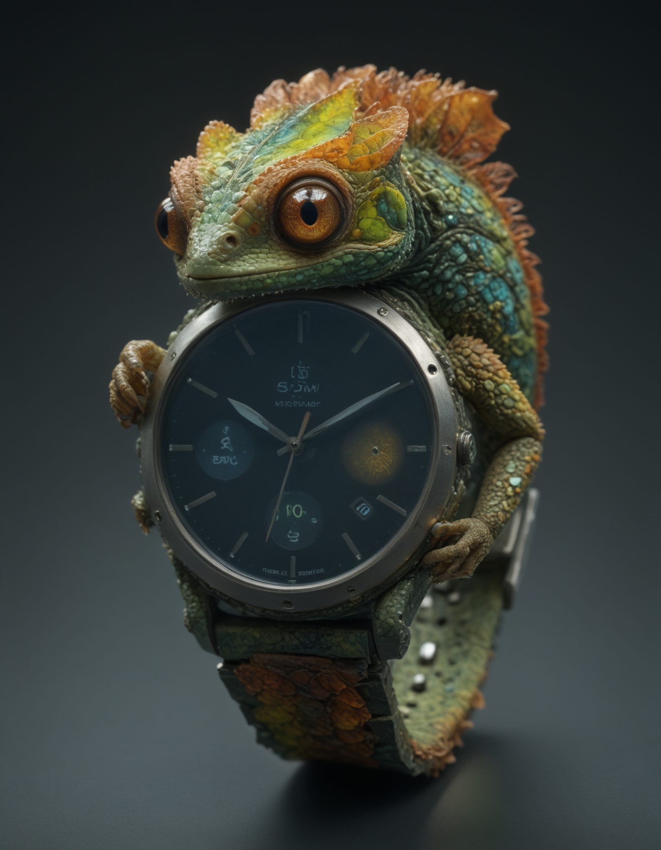 The image showcases a "Smart-watch Chameleon" - a bizarre but captivating fusion of a high-tech smartwatch and a living chameleon. The chameleon's body forms the watch band, its scaly skin shifting colors to match the user's outfit. The reptile's head and tail wrap around the wrist, securing the device in place. Where the chameleon's eye would normally be, there's a round, high-resolution touchscreen display showing the watch face. The screen mimics the chameleon's eye movements, rotating and bulging slightly for a 3D effect. The chameleon's long, sticky tongue serves as an innovative stylus, coiled up when not in use but able to extend to swipe and tap the screen with precision. Along the chameleon's back, there are small, bioluminescent nodes that light up to display notifications, mimicking the color-changing capabilities of both the animal and modern LED technology. The "crown" of the watch, used for scrolling and input, is cleverly integrated into one of the chameleon's horn-like protrusions on its head. Despite the fantastical concept, the image's details are rendered with photorealistic precision - from the intricate scales on the chameleon's skin and the reflections on the watch face to the subtle movements of the creature as it adjusts its grip on the wrist. The overall effect is a seamless blend of nature and technology, creating a product that seems both impossibly alive and tantalizingly futuristic. Absurdres, 8K, UHD, many details, extreme detailed, full of details, Wide range of colors, HDR.