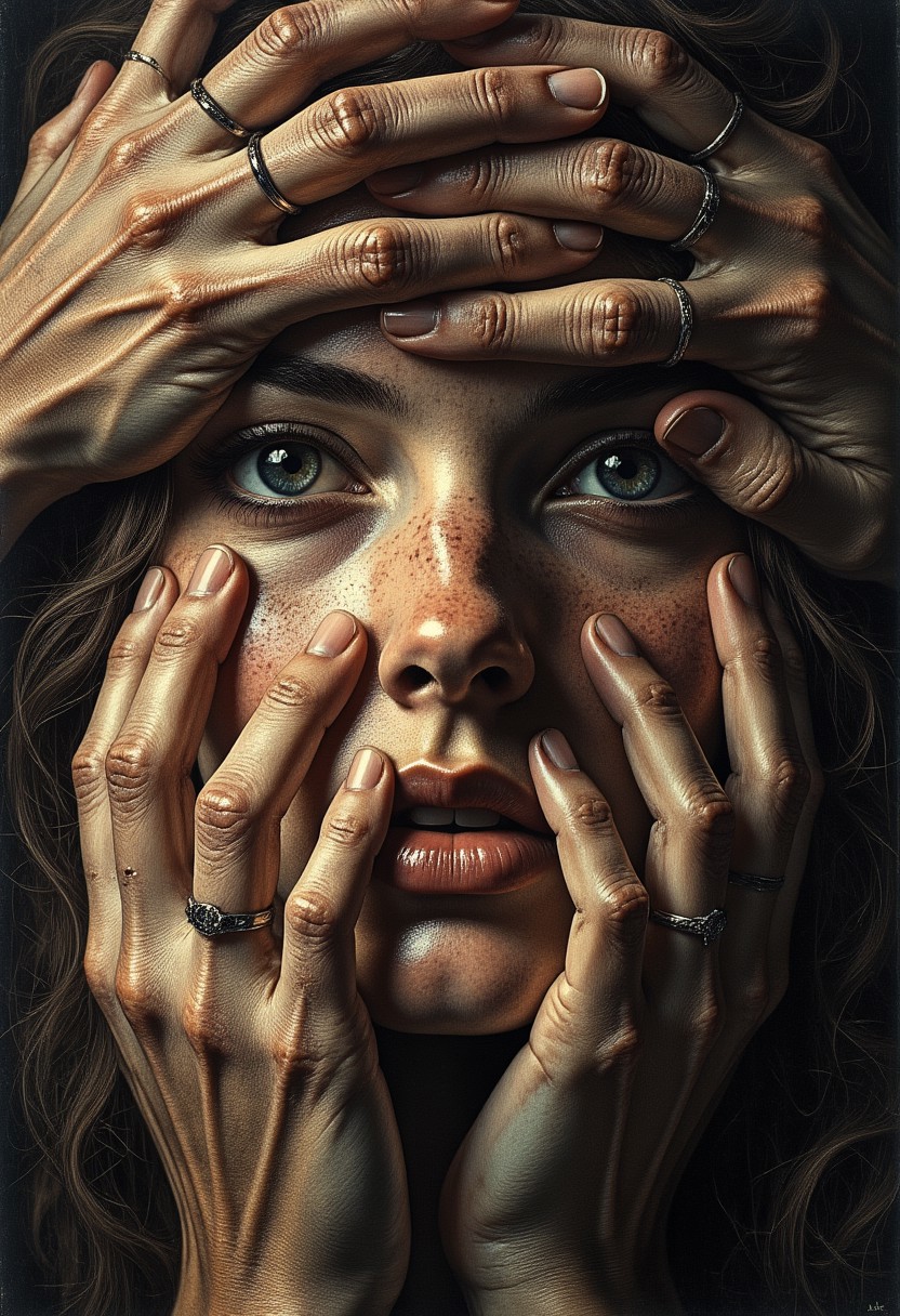 An ultra close-up portrait of a woman’s face, filling the entire frame, leaving no visible background. Her expression is unreadable, partially hidden beneath a mass of hands—a mixture of tiny, delicate fingers of infants, smooth hands of youth, and wrinkled, veined hands of the elderly. The hands are not her own; they belong to many others, pressing gently yet firmly over her features, partially covering her eyes, mouth, and cheeks. Some hands grasp her jawline, others stretch over her forehead, their fingertips resting just above her lips, as if silencing her. The variation in skin textures is striking—soft, unblemished baby hands contrast against aged, gnarled fingers with deep lines and prominent veins. Though her eyes are partially covered, faint glimpses of them peek through the gaps, revealing an intense gaze filled with an emotion that remains just out of reach. Shadows from the overlapping fingers create a layered depth, making her face feel both hidden and revealed at the same time. The lighting is moody and dramatic, with high contrast between the illuminated skin of the hands and the deep shadows cast across her face. The lack of a background isolates her, making the tangled, intricate weave of fingers the singular focus. The contrast between the lifelike textures of the hands and her obscured, expressionless face creates a haunting, surreal narrative—one of silence, control, protection, or something unknown.