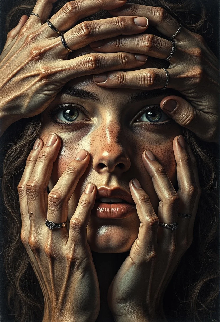 An ultra close-up portrait of a woman’s face, filling the entire frame, leaving no visible background. Her expression is unreadable, partially hidden beneath a mass of hands—a mixture of tiny, delicate fingers of infants, smooth hands of youth, and wrinkled, veined hands of the elderly. The hands are not her own; they belong to many others, pressing gently yet firmly over her features, partially covering her eyes, mouth, and cheeks. Some hands grasp her jawline, others stretch over her forehead, their fingertips resting just above her lips, as if silencing her. The variation in skin textures is striking—soft, unblemished baby hands contrast against aged, gnarled fingers with deep lines and prominent veins. Though her eyes are partially covered, faint glimpses of them peek through the gaps, revealing an intense gaze filled with an emotion that remains just out of reach. Shadows from the overlapping fingers create a layered depth, making her face feel both hidden and revealed at the same time. The lighting is moody and dramatic, with high contrast between the illuminated skin of the hands and the deep shadows cast across her face. The lack of a background isolates her, making the tangled, intricate weave of fingers the singular focus. The contrast between the lifelike textures of the hands and her obscured, expressionless face creates a haunting, surreal narrative—one of silence, control, protection, or something unknown.