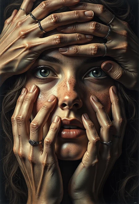 An ultra close-up portrait of a woman’s face, filling the entire frame, leaving no visible background. Her expression is unreadable, partially hidden beneath a mass of hands—a mixture of tiny, delicate fingers of infants, smooth hands of youth, and wrinkled, veined hands of the elderly. The hands are not her own; they belong to many others, pressing gently yet firmly over her features, partially covering her eyes, mouth, and cheeks. Some hands grasp her jawline, others stretch over her forehead, their fingertips resting just above her lips, as if silencing her. The variation in skin textures is striking—soft, unblemished baby hands contrast against aged, gnarled fingers with deep lines and prominent veins. Though her eyes are partially covered, faint glimpses of them peek through the gaps, revealing an intense gaze filled with an emotion that remains just out of reach. Shadows from the overlapping fingers create a layered depth, making her face feel both hidden and revealed at the same time. The lighting is moody and dramatic, with high contrast between the illuminated skin of the hands and the deep shadows cast across her face. The lack of a background isolates her, making the tangled, intricate weave of fingers the singular focus. The contrast between the lifelike textures of the hands and her obscured, expressionless face creates a haunting, surreal narrative—one of silence, control, protection, or something unknown.