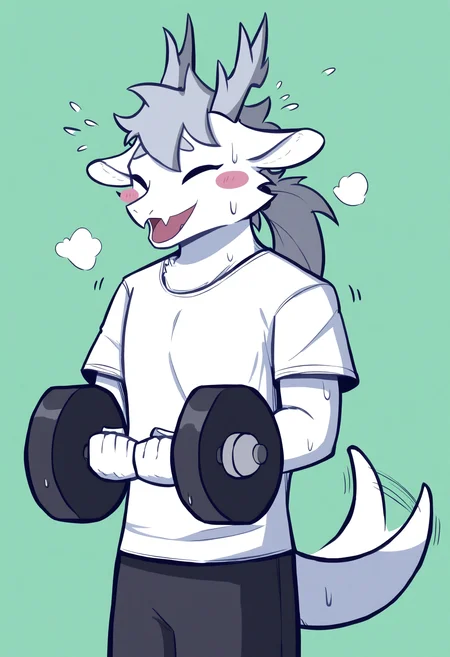 1boy, male focus, (feiren zai:1.1),
furry male, solo, green background, simple background, upper body, flying sweatdrops, horns, fang, closed eyes, grey hair, sweat, shirt, furry, dragon boy, exercise, dumbbell, weights, weightlifting, ao lie, long hair, holding, animal ears, dragon horns, ponytail, tail, smile, open mouth, ^_^, afterimage, tail wagging, short sleeves, :d, blush stickers, facing viewer, motion lines, white shirt,
masterpiece, best quality
<lora:AoLie(FeirenZai)-NoobXLv1.1-000090:1>