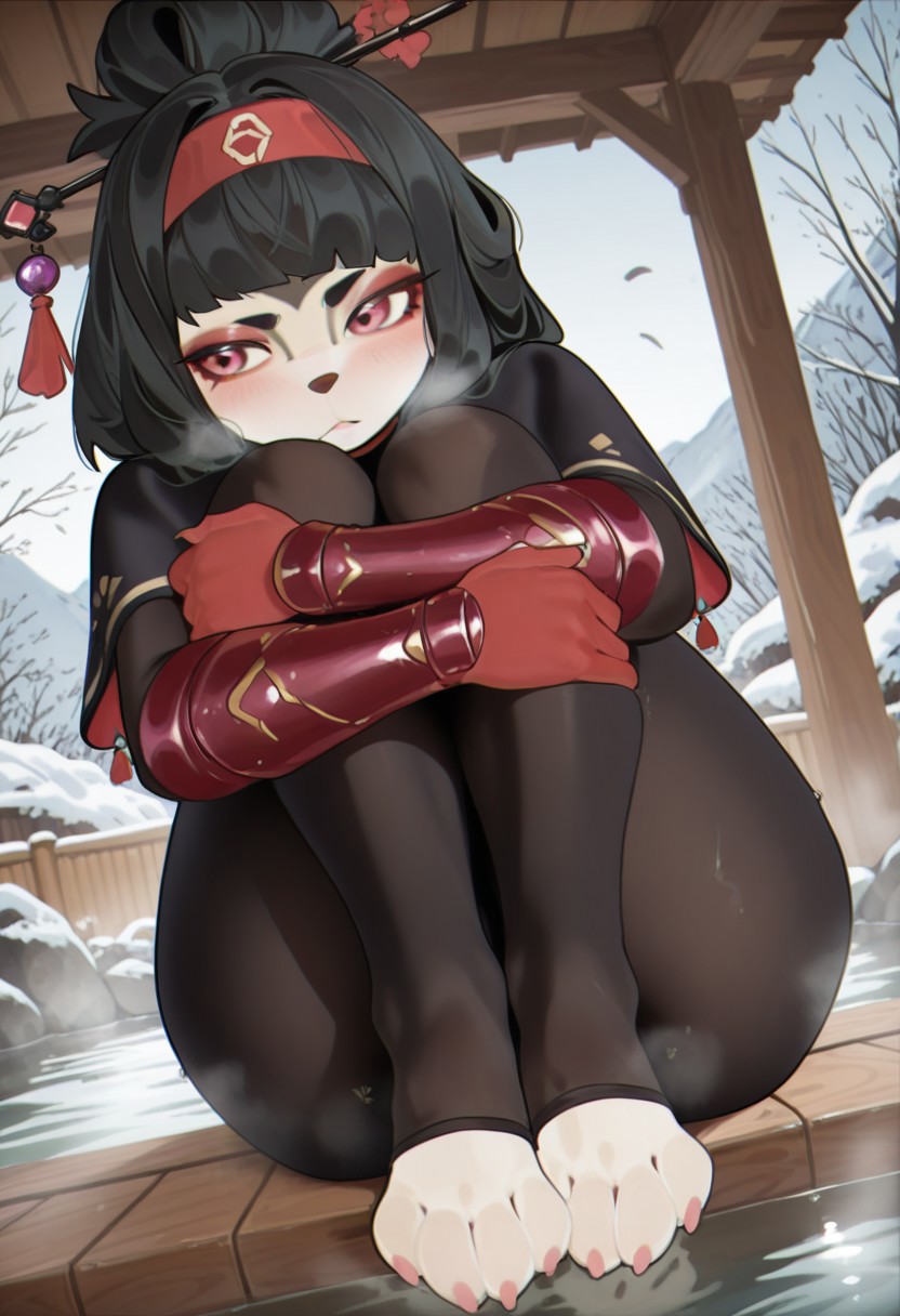 naxiusnoxy,  outdoors, undershirt, falling feathers, black bodysuit, hair stick, hugging own legs, , gauntlets,   eyeshadow,   red gloves, black capelet, red hairband, pink eyes, medium hair, black hair, 1girl, solo,
 dynamic angle, foreshortening, furry, furry female, anthro, paws, claws, pawpads, steam, smell, visible, breath, onsen, water