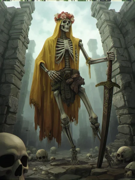 <lora:ck-LttleGhost-000011.safetensors:1> in the style of ck-lttlegh0stA skeletal warrior, draped in a faded yellow shawl and a floral crown, stands amidst ancient stone ruins, surrounded by scattered skulls. A sheathed sword hangs at its side, etched with ancient runes. The image is shot from an unsettling eye-level perspective, capturing the eerie presence of this haunting figure under a mist-shrouded sky.