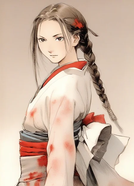 samurahiroaki <lora:samulora-xl_v005-000011:0.7>blood on face,  braid, single braid, solo, long hair, looking back, miniskirt, frilled skirt, clothing cutout, masterpiece, best quality, 1gir