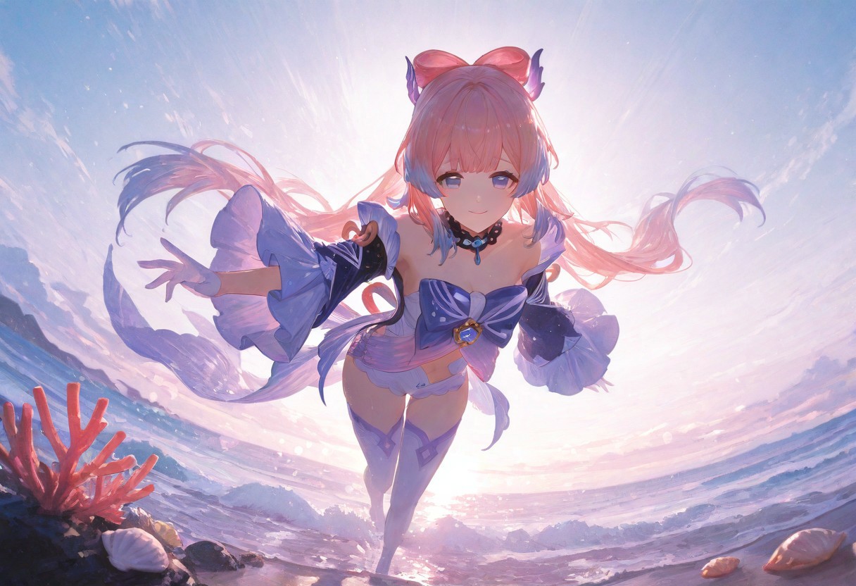 ((1girl,KokomiGenshin,looking at viewer, smiling, big hips, wide eyes,KokomiDefault, pink hair, multicolored hair, long hair, navel, thighhighs, white bottomwear, vision (genshin impact), bow-shaped hair, white gloves,)),,lots of cloud of different shades, full body, windy, floating hair, solo, ((impressionism, excellent depth of field, partly realistic texture, dramatic lighting,oil painting \(medium\),)), light scattering, bright sky, sharp focus, newest, absurdres, highres, very aesthetic, masterpiece, eye-catching,usnr, beautiful body, detailed skin features,,beautiful eye details, bright colors, vivid colors,contrast, blue hair, blue eyes , extreme contrast, foreshortening, high resolution, best quality, ultra high definition, extremely high detail, close-up, cinematic field of view, perfect composition, intricate details, bokeh, wet,coral,a beach filled with corals,seashells, pink and purple theme