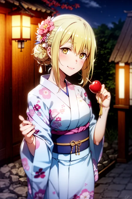 AizWallenstein,japanese clothes, kimono, candy apple, 1girl, food, floral print, flower, hair flower, hair ornament, sash, obi, solo, yellow eyes, looking at viewer, blonde hair, holding, yukata, alternate hairstyle, holding food, night, eyebrows visible through hair, bangs, smile, wide sleeves, hair bun, print kimono