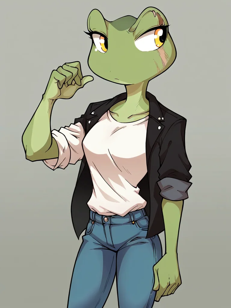 [score_9, score_8_up, score_7_up], sandwich-anomaly, 1girl, cowboy shot, frog, jeans, black jacket, white shirt, looking to the side, raised eyebrow, scar, <lora:Sandwich_Anomaly_Artist_Style:1>