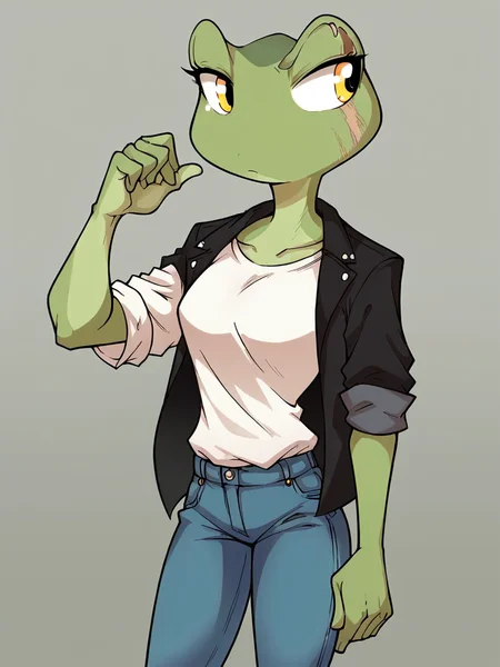 [score_9, score_8_up, score_7_up], sandwich-anomaly, 1girl, cowboy shot, frog, jeans, black jacket, white shirt, looking to the side, raised eyebrow, scar, <lora:Sandwich_Anomaly_Artist_Style:1>