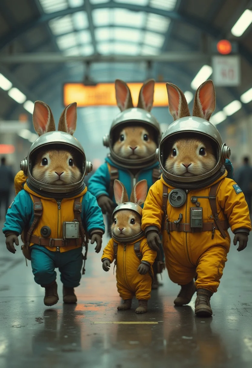 3 tiny space bunnies wearing yellow and blue space suit, with a round helmet with metalic rabbit ears, wondering in a train station, funny, playful, high-speed action shots. intense cinematic , raw, analog blankmj l10nhe43t