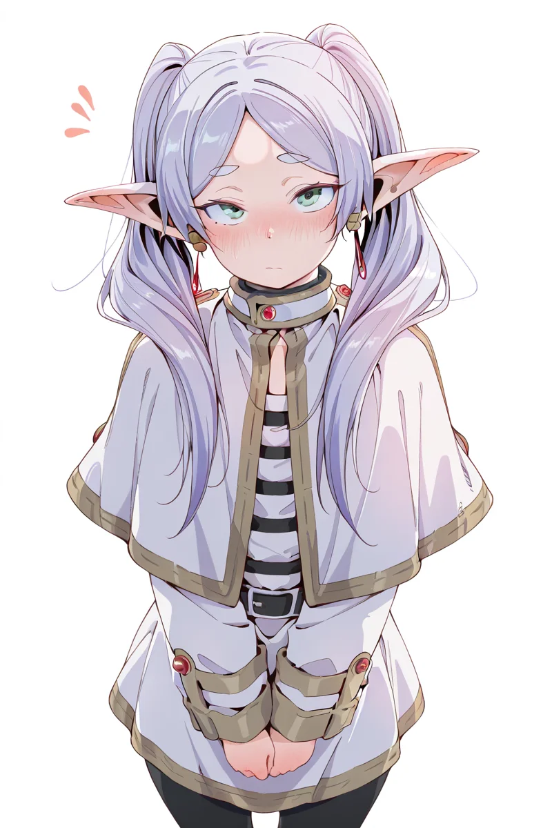masterpiece, best quality, amazing quality,
<lora:Eito_IL:1> eito, 1girl, solo, pointy ears, pantyhose, white capelet, twintails, black pantyhose, long hair, elf, capelet, jewelry, white background, earrings, long sleeves, blush, closed mouth, looking at viewer, frieren