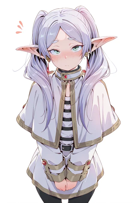 masterpiece, best quality, amazing quality,
<lora:Eito_IL:1> eito, 1girl, solo, pointy ears, pantyhose, white capelet, twintails, black pantyhose, long hair, elf, capelet, jewelry, white background, earrings, long sleeves, blush, closed mouth, looking at viewer, frieren