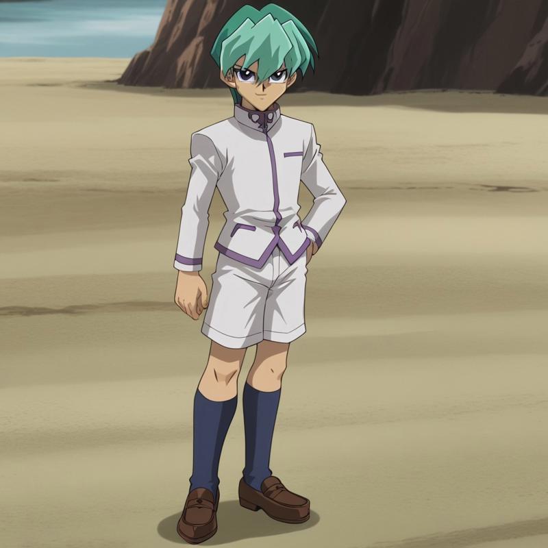 boy, 1boy, solo, noah kaiba, smile, blue eyes, full body, Yu-gi-oh, Green hair, short hair, clothed, white long-sleeved jacket with purple markings, white shorts, navy blue knee socks and brown loafers, cyberworld