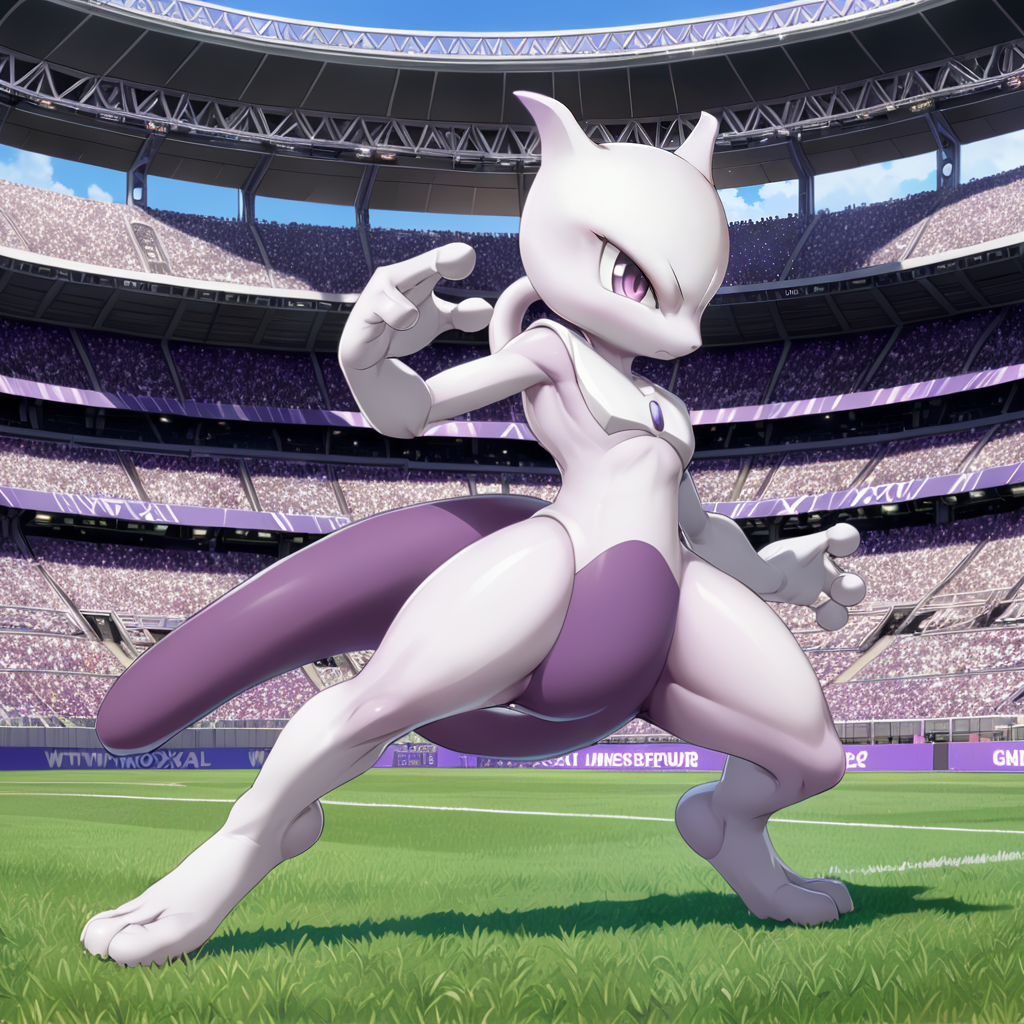 <lora:MewTwoXL:0.8> mewtwoxl,  white arms, white fur, purple eyes, toes, attack pose, stadium, (anime, masterpiece, intricate:1.3), (best quality, hires textures, high detail:1.2), (4k),(incredibly detailed:1.4),UHD, 8K, ultra detailed