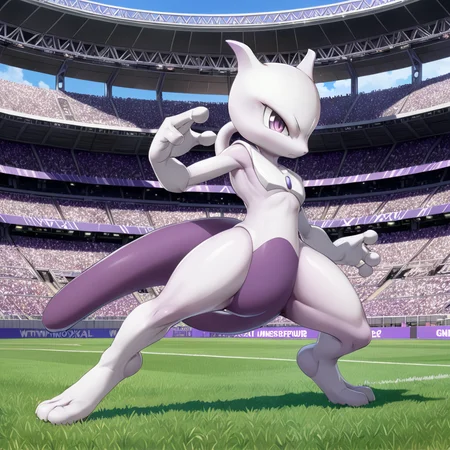 <lora:MewTwoXL:0.8> mewtwoxl, white arms, white fur, purple eyes, toes, attack pose, stadium, (anime, masterpiece, intricate:1.3), (best quality, hires textures, high detail:1.2), (4k),(incredibly detailed:1.4),UHD, 8K, ultra detailed