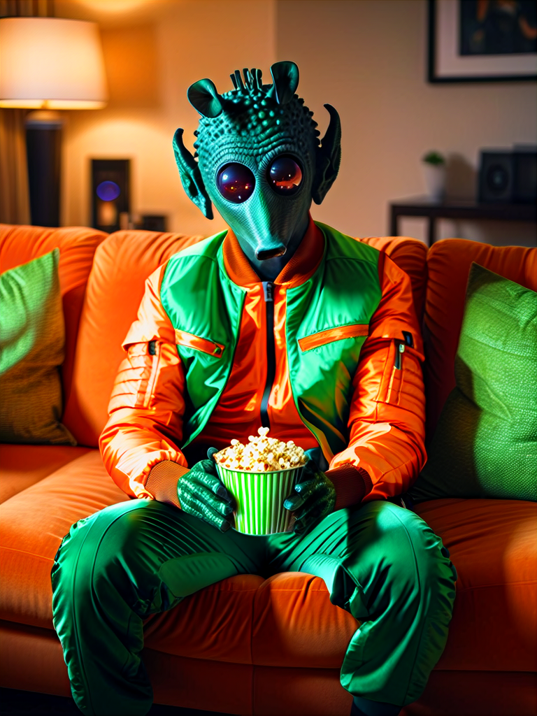 rodian alien watching tv at home,eating popcorn,sitting on big couch,orange and green jumpsuit,orange vest, posing, masterpiece, best quality, soft light, bokeh, real shadow, cinematic, subsurface scuttering<lora:RodianXL:0.8>