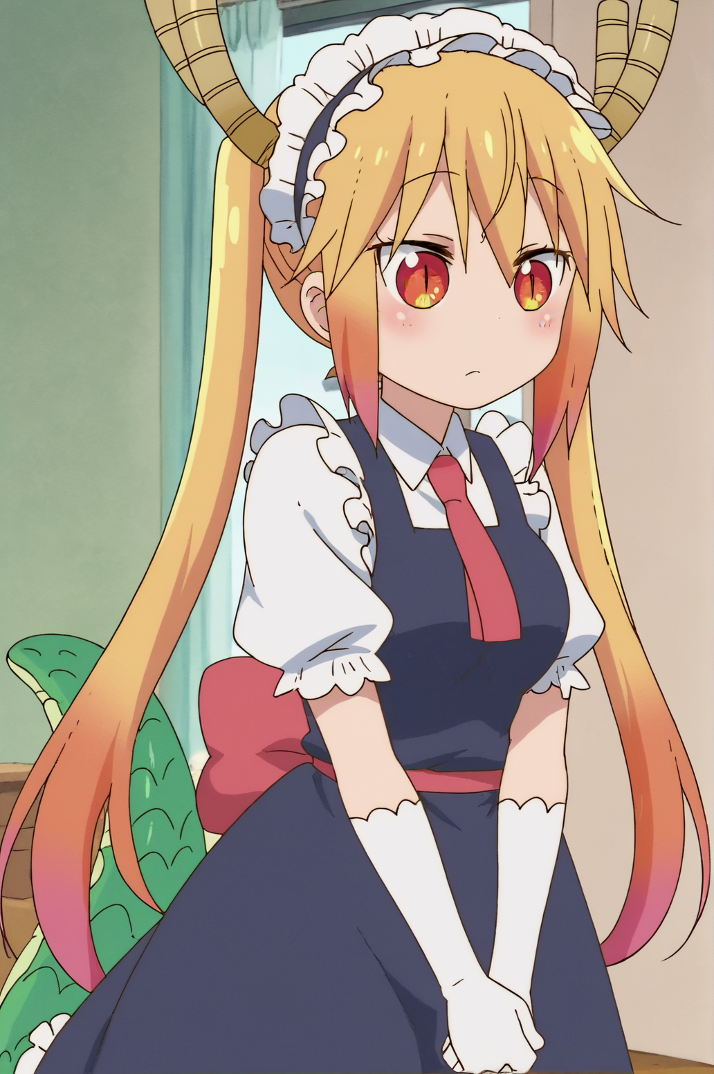 score_9, score_8_up, score_7_up,anime_source, source_anime, best background, detailed background, anime screencap  Tohru, solo, blush, indoors, cowboy shot, tail, love sign,  <lora:JN_Tohru_Pony:0.8>