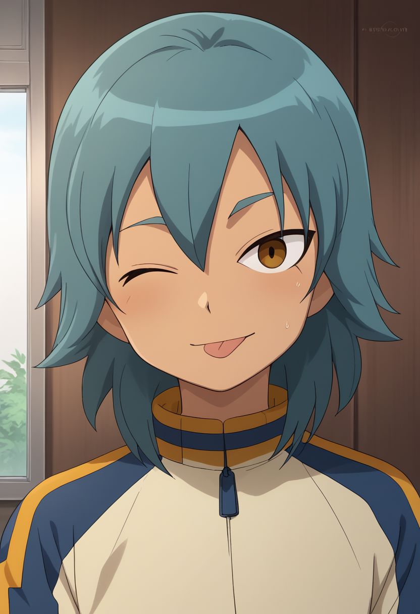 score_9, score_8_up, score_7_up, source_anime, highly detailed, 1boy, solo, male_focus, skinny, slender, cute, half body,
aitor_ina, male focus, 1boy,  solo, raimon, track jacket, open jacket, shirt, aqua hair, upper body, wink, tongue out,