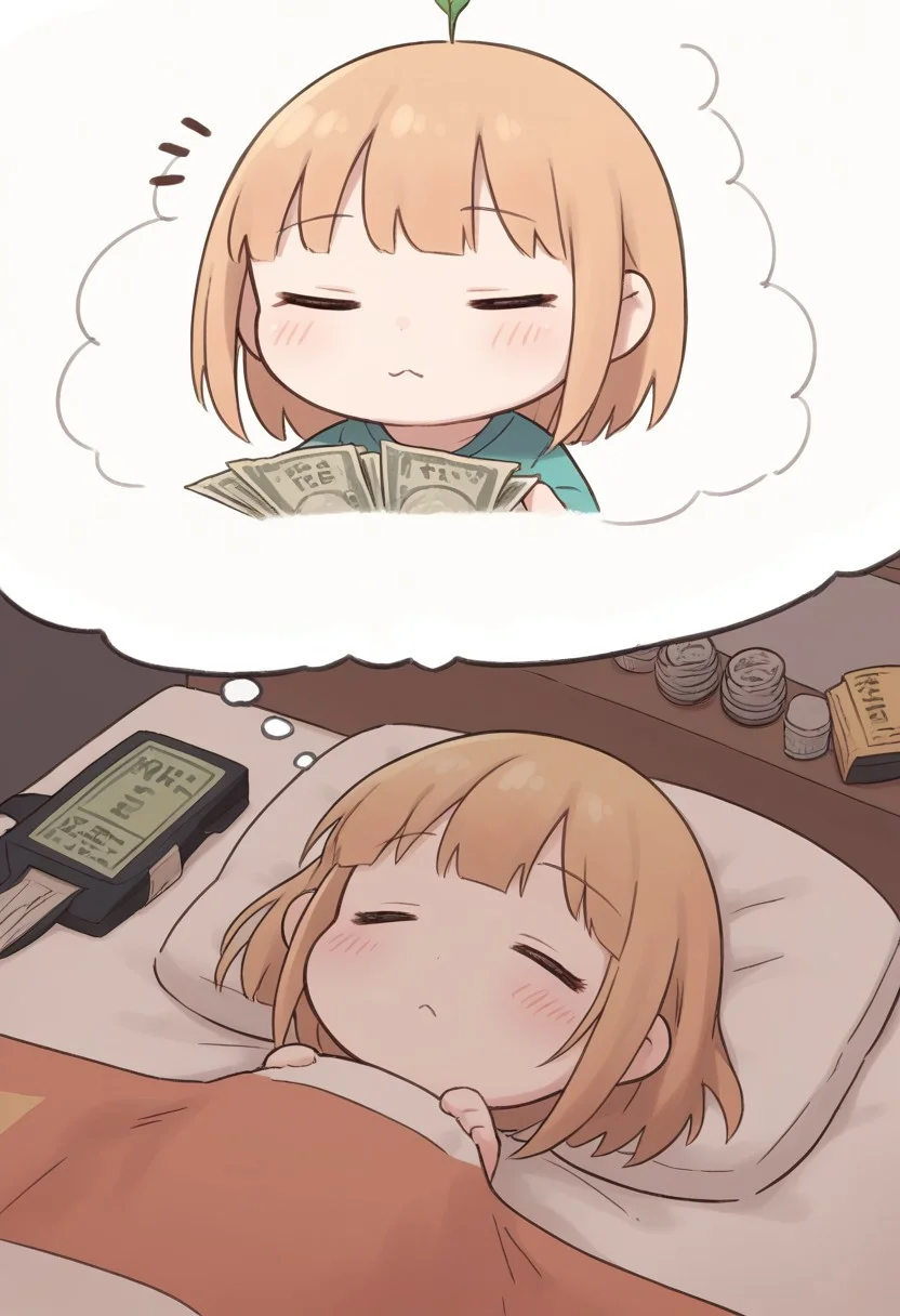 Score_9, score_8_up, score_7_up, by aaaa (quad-a), cute girl, dreaming, dreaming of, sleeping, head on pillow, under covers, in bed, dreaming dreaming of themselves smilling holding a moneybag, futon, under covers,
