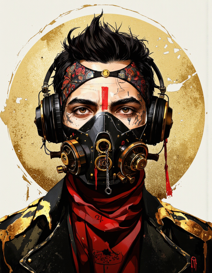 Art by Ismail Inceoglu. A digital illustration shoot from a portrait camera angle about a portrait of a man wearing a gas mask and headphones, with intricate details and a decorative headpiece adorned with red accents. the image also shows a man with a serious expression, wearing a black mask with a red cross on it, and a red scarf around his neck. on the middle of the image, a man appears to be in his late 20s, with dark hair styled in a messy manner, and his eyes are looking directly at the viewer. he has a stern expression and is wearing a pair of black headphones with gold accents. on his forehead, there is a red mark, and on his face, there are intricate tattoos. the man's face is covered with a black gas mask, and he is wearing black clothing with red scarves. the background is a simple beige circle with a golden halo effect, and the image has a vintage, stylized art style with a muted color palette.