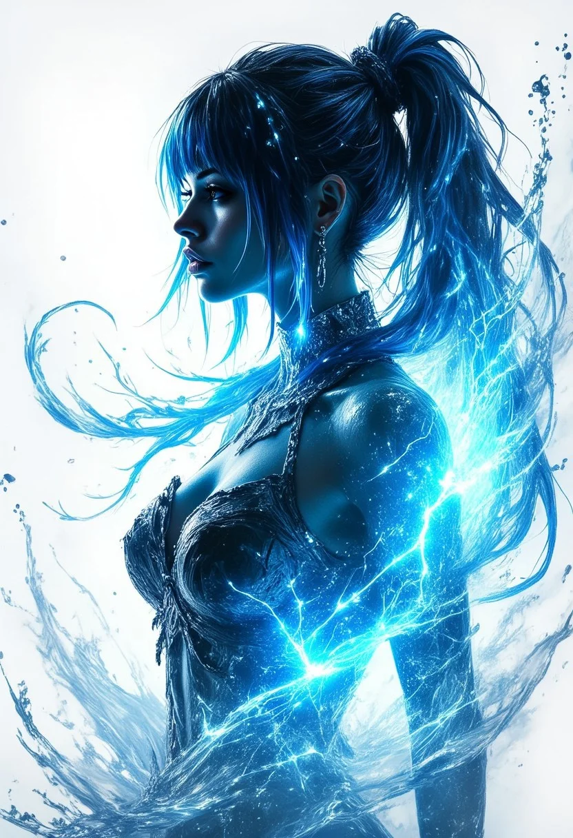 Silhouette Art, magnificent. female water elemental, long blue hair, bangs, pulsing with water and blue electrical energy