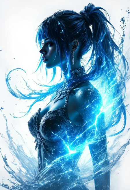 Silhouette Art, magnificent. female water elemental, long blue hair, bangs, pulsing with water and blue electrical energy