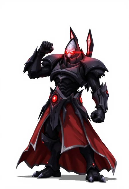 Picture of Alarak, a mouthless protoss alien in his iconic armor, two red lights coming from his back, he's in a confident pose and looking directly at the viewer with his red glowing eyes, one fist is raised against a white background