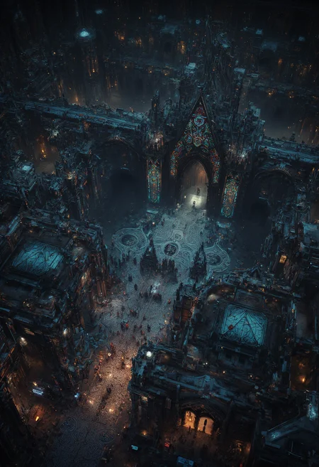 Bird's-eye view, ancient cyberpunk settlement, cyberpunk and gothic fusion. Intricate spatial composition, geometric planning, strategic shapes and brutalist patterns. Clustered gothic cyberpunk structures, neon lights, and bold gargoyle sculptures. Atmospheric interplay, ambient light, dynamic shadow, rich hues. Detailed architectural nuances, mosaic-like pathways, designed streets. Steampunk artifacts, monumental architectural details. Technical quality 8k, masterpiece, hyper-detailed imagery, intricate design, evocative textures, ethereal light, timeless narrative. <lora:flux.1_lora_flyway_Epic-detail_v2:0.4> <lora:JJsCyberPunkCity_Flux:0.6> <lora:Dever_Flux_Enhancer:0.4> <lora:42lux-UltimateAtHome-flux-highresfix:0.25>