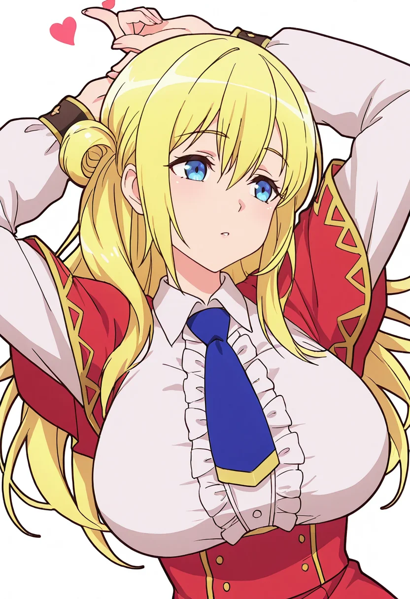 Smooth Quality,masterpiece,very intricate, high quality details, ultra realistic, high detailed skin,detailed enviorement,absurdres,
finger heart,solo,
 <lora:Enome_CNR:0.8> enome_cnr, blonde hair, blue eyes, long hair, large breasts, hair between eyes, white shirt, blue necktie, collared shirt, long sleeves, skirt, capelet, necktie, center frills,single hair bun,, simple background, white background, front view,
lying, hands behind head, knee bent, relaxed, casual,  ,, :i,