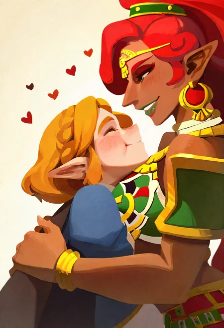 masterpiece, best quality, very aesthetic, 2girls,yuri,happy,princess zelda,short hair,urbosa,dark-skinned female,hugging,hearts,cheek press,looking at another <lora:susho_n11:1>