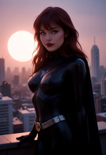 score_9, score_8_up, score_7_up, photo, vintage photo, 90's, 1990's, retro, medium shot, sexy pose, sexy skinny woman, playful expression, youthful face, 18 years old, medium breasts, barbara gordon, long hair, red hair, blue eyes, bodysuit, cape, gloves, belt, bangs, bat symbol on bodysuit, silver bat symbol on chest, outside, beckoning to viewer, on roof of a skyscraper, gothic modern city at midnight, full moon, vibrant neon signs, lit gothic new york skyscrapers, gargoyles, amazing lighting, sensual lighting, pink ambient light, intense rim lighting, heavy glow on hair, heavy glow on bodysuit, heavy shadows, bokeh
