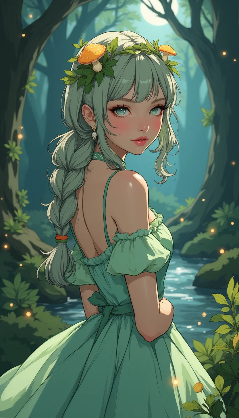 A high-quality, whimsical digital artwork in the style of pinksoftcoreanime, 
A whimsical princess with light emerald-green hair styled in a loose braid crowned with ivy leaves and tiny glowing mushrooms. She wears a pastel green dress with soft layers of tulle, decorated with glittering dew-like beads. The background is a magical forest filled with glowing fireflies, tall ancient trees, and sparkling streams of water reflecting the moonlight.