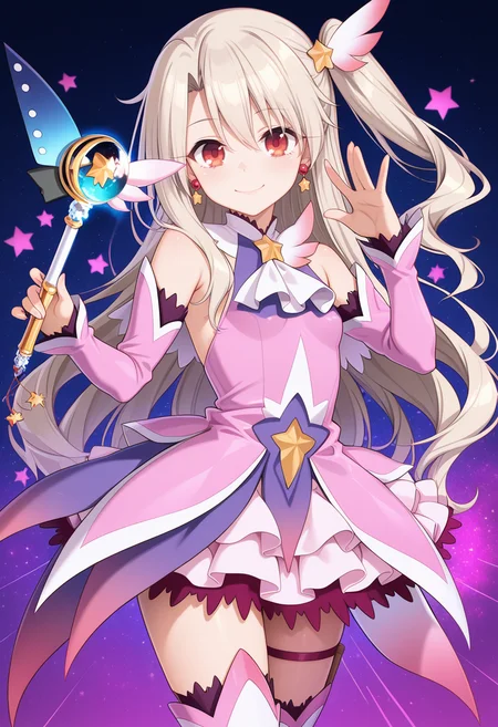 <lora:prisma_illya_zwei_form.v2:1>,illyasviel von einzbern,prisma illya,magical girl,hair ornament,red eyes,detached sleeves,star \(symbol\),earrings,jewelry,dress,one side up,skirt,pink sleeves,layered skirt,thighhighs,thigh boots,holding wand,smile,
masterpiece,best quality,amazing quality,