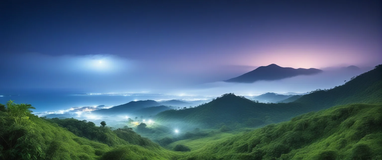 tropical island, countryside hills , slightly cloudy, clear sky, heavy mist, evening, few stars,
((photo raw))