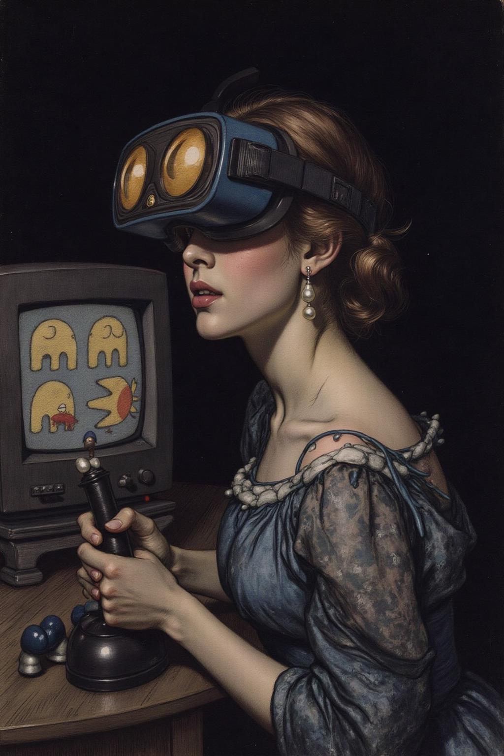 artrack1 illustration of a young woman turned slightly toward the viewer, She wears a deep blue VR Headset with golden yellow lenses draped elegantly over her head, complementing her smooth, glowing complexion. Her gaze is soft yet piercing, and her slightly parted lips add an air of mystery. She is wearing a VR Headset over head. She also hold a joystick in her hand. There is a TV monitor behind her displaying Pacman. A single, luminous pearl earring hangs from her ear, catching the light and drawing attention to her delicate features. The background is dark and muted, creating a dramatic contrast that emphasizes her presence and the subtle interplay of light and shadow on her face and attire. The overall atmosphere is intimate and serene, with a masterful balance of detail and simplicity  <lora:artrack1_nocap_d6a3:1.0><lora:812480359531976848:0>