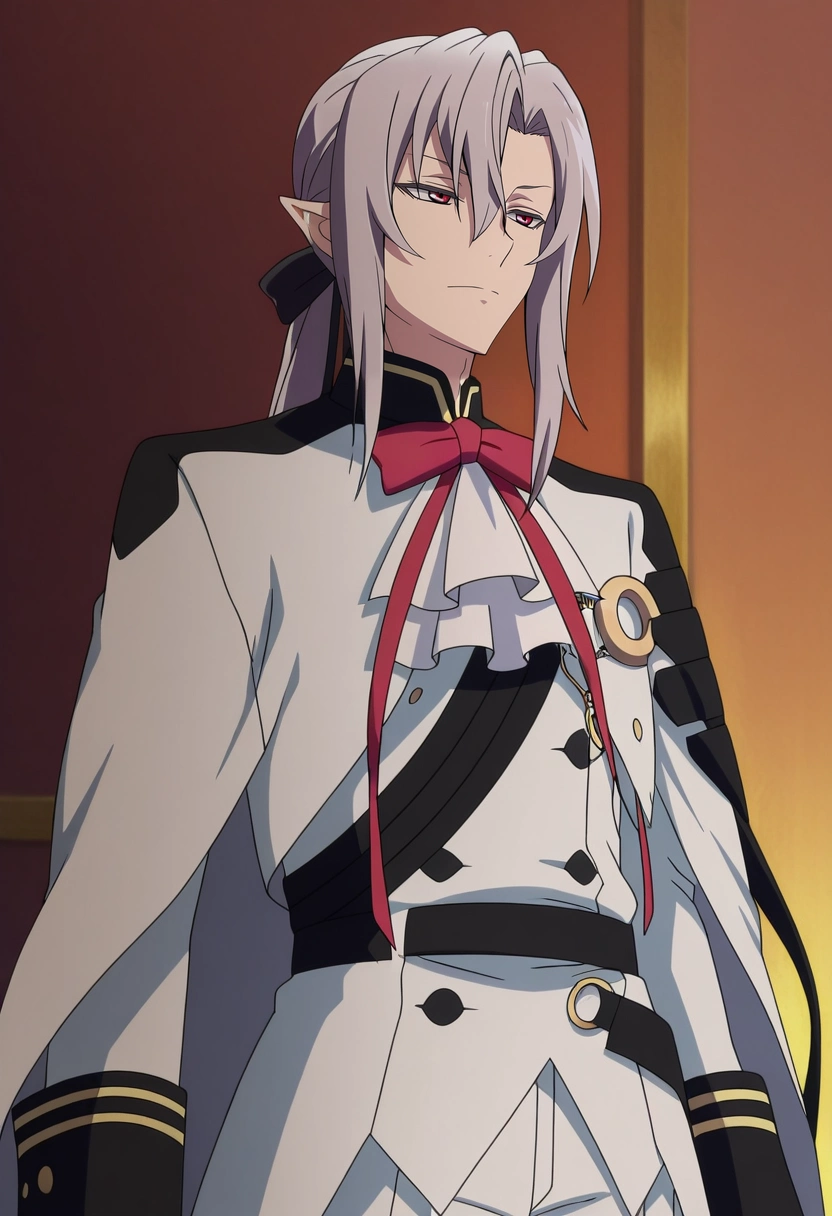 masterpiece, best quality, anime screencap, official style, anime coloring, cowboy shot, 1boy, solo, male focus, <lora:ferid_bathory_ilxl:0.98>, ferid_bathory, grey hair, red eyes, long hair, hair between eyes, pointy ears, ponytail, white jacket, red bowtie, ascot,