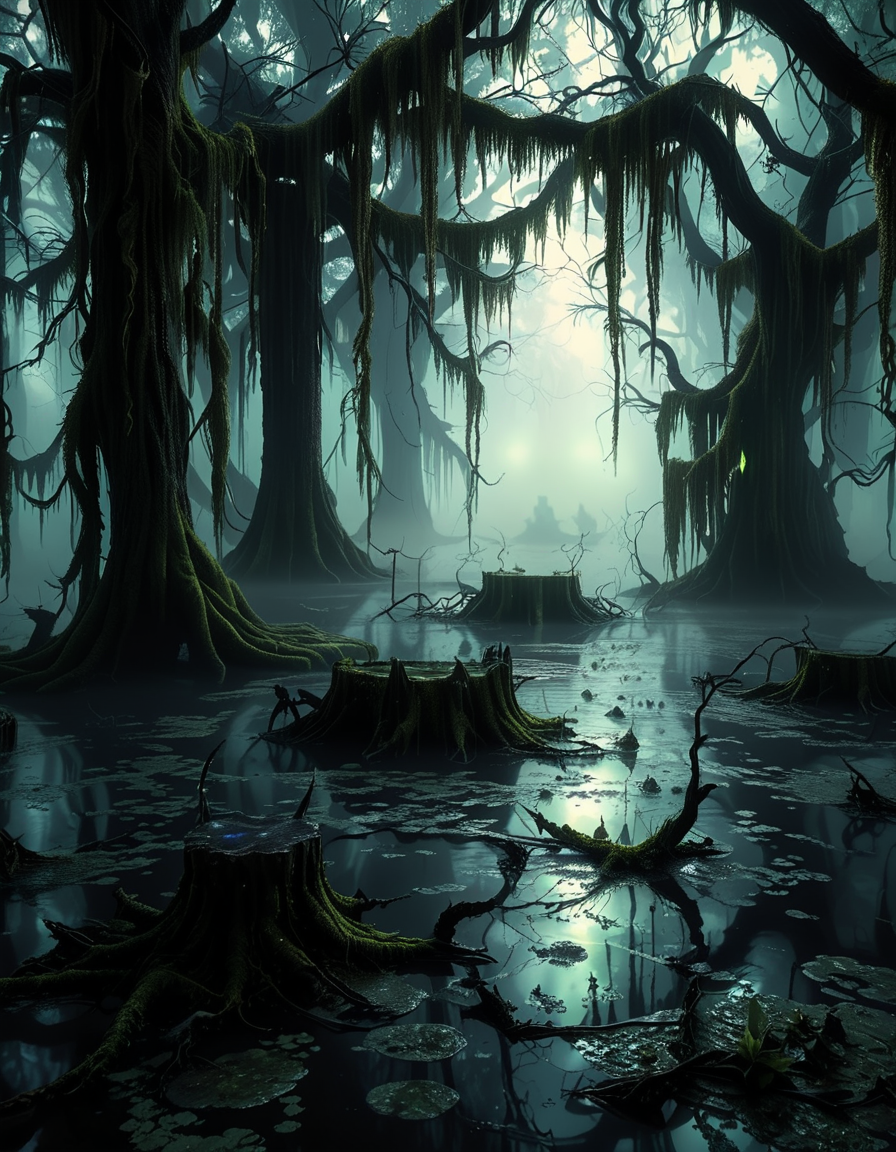 A demonic fairy woman sitting gracefully in an ominous swamp,0m1n0us sw4mp. She has a hauntingly beautiful appearance, with translucent, tattered wings resembling those of an insect, glowing faintly in a dark, eerie hue. Her skin is pale with subtle, intricate patterns like magical runes etched into it, and her eyes glow with an unsettling red or violet light. She wears an ethereal, dark gown made of shredded, otherworldly fabric that appears to flow like smoke, blending with the mist of the swamp. Her hair is long, wild, and black with streaks of silvery white, floating slightly as if affected by unseen magical energy.
The swamp around her is dark and foreboding, with twisted, gnarled trees reaching out like claws. The water is murky, reflecting a pale, sickly green glow from bioluminescent plants and fungi scattered throughout. The air is filled with a faint, ghostly mist, and strange, faint lights hover in the background, adding a mystical atmosphere. The lighting is dim, with a soft, ethereal glow illuminating the fairy woman from below, contrasting with the deep shadows of the swamp. The mood is dark, mysterious, and magical, evoking both beauty and menace.<lora:SDXLFaeTastic2400:0.4> <lora:extremely_detailed:0.4> extremely detailed, <lora:0m1n0us_sw4mp:1>, Masterpiece,best quality,hi res,8k,hi res,8k,award winning,(sharp focus, intricate, highly detailed),