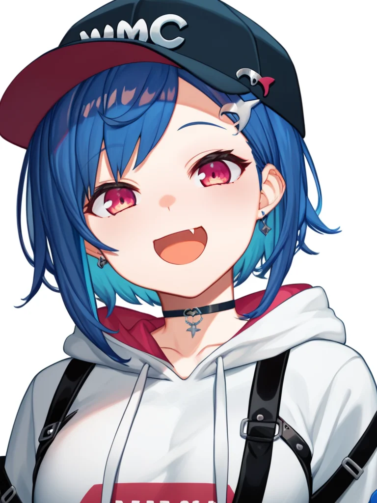 <lora:Chigusa NishizonoPDXL_v1:1>Chigusa NishizonoPDXL, 1girl, virtual youtuber, hoodie, solo, hood, fang, hat, skin fang, short hair, white hoodie, bag, blue nails, smile, open mouth, choker, score_9, score_8_up, score_7_up, score_6_up, score_5_up, score_4_up,