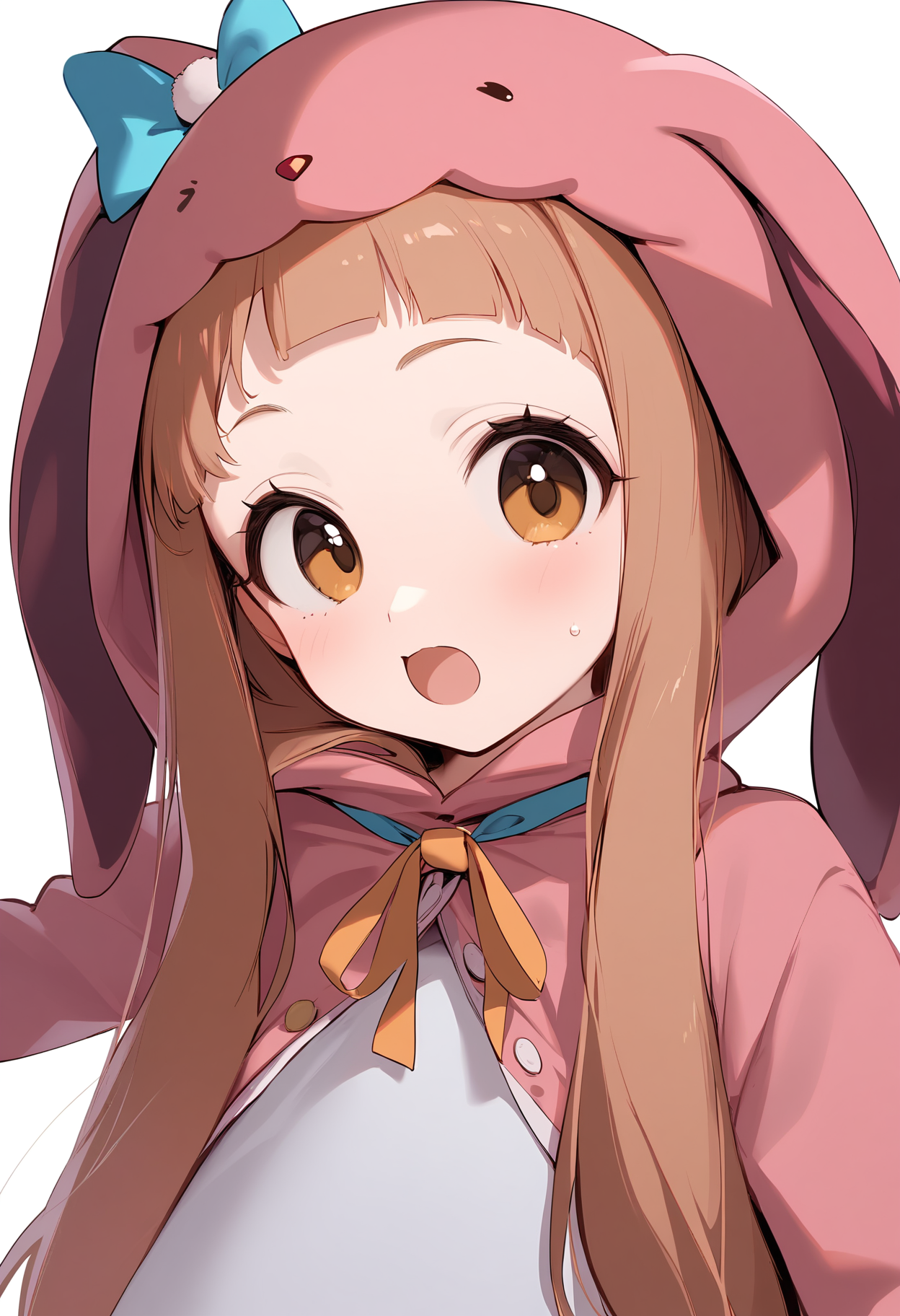 1girl,ichihara nina,kigurumi,open mouth,solo,rabbit costume,d,ribbon,blush,looking at viewer,white background,simple background,<lora:a31_char_new_ichihara_nina:1>masterpiece, best quality, absurdres<lora:a31_style_koni-000010:0.8>