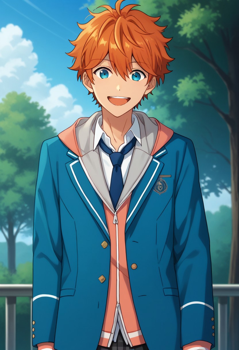 score_9, score_8_up, score_7_up, source_anime, highly detailed, 
subaruake, plaid pants, 1boy, male focus, school uniform, necktie, solo, blue eyes, orange hair,
pants, jacket, plaid, blazer, smile, open mouth, upper body, looking at viewer, hoodie, hood, necktie, blue necktie,
outdoor, sky, tree
