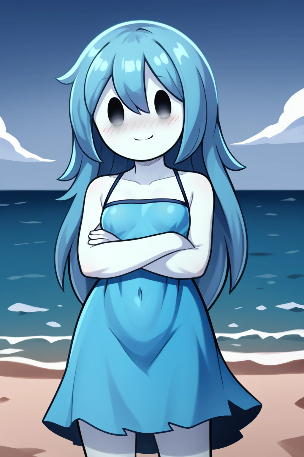 score_9, score_8_up, nsfw, score_7_up, <lora:Spooky:0.9> spooky (sjm), ghost girl, solid oval eyes, smile, transparent, colored skin, long blue hair, small breasts, blue dress, solo, Standing, standing, pride, crossed arms, smile, blushing, beach, sand, ocean, water,