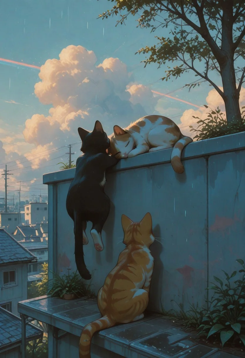 rain, rainbow, ninght, moon, strat, multiple cats, domestic cat, four cats, orange tabby cat, calico cat, black tabby cat, white tabby cat, striped kitten,
on rooftop, sitting in a row, back view, tail hanging down, tail down,
sunny day, soft shadows, warm lighting, vibrant colors, slice of life, serene_mood,
bluesky, white clouds, urban rooftop, concrete wall, plants in foreground, tree, open air, peaceful afternoon,
masterpiece, amazing quality, best quality, scenery, painterly, anime coloring
