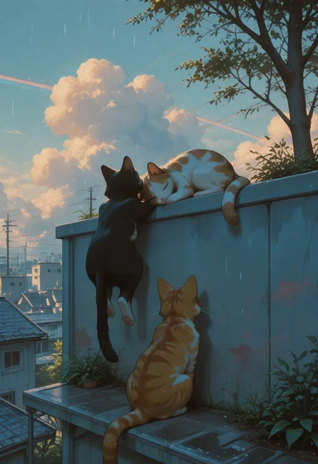 rain, rainbow, ninght, moon, strat, multiple cats, domestic cat, four cats, orange tabby cat, calico cat, black tabby cat, white tabby cat, striped kitten,
on rooftop, sitting in a row, back view, tail hanging down, tail down,
sunny day, soft shadows, warm lighting, vibrant colors, slice of life, serene_mood,
bluesky, white clouds, urban rooftop, concrete wall, plants in foreground, tree, open air, peaceful afternoon,   
masterpiece, amazing quality, best quality, scenery, painterly, anime coloring