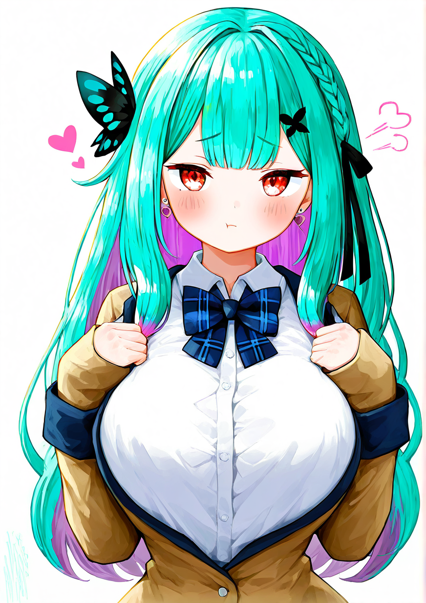 <lora:shirubaa_r1:1>,1girl, uruha rushia, uruha rushia (school uniform), huge breasts, wide hips, black ribbon, blue bow, blue bowtie, blush, bow, bowtie, braid, brown jacket, butterfly hair ornament, closed mouth, collared shirt, colored inner hair, earrings, green hair, hair ornament, hair ribbon, heart, heart earrings, jacket, jewelry, long hair, looking at viewer, multicolored hair, official alternate costume, official alternate hair length, official alternate hairstyle, plaid, plaid bow, plaid bowtie, pout, purple hair, red eyes, ribbon, school uniform, shirt, sleeves past wrists, solo, upper body, white shirt,
masterpiece, best quality, highres, absurdes,amazing quality