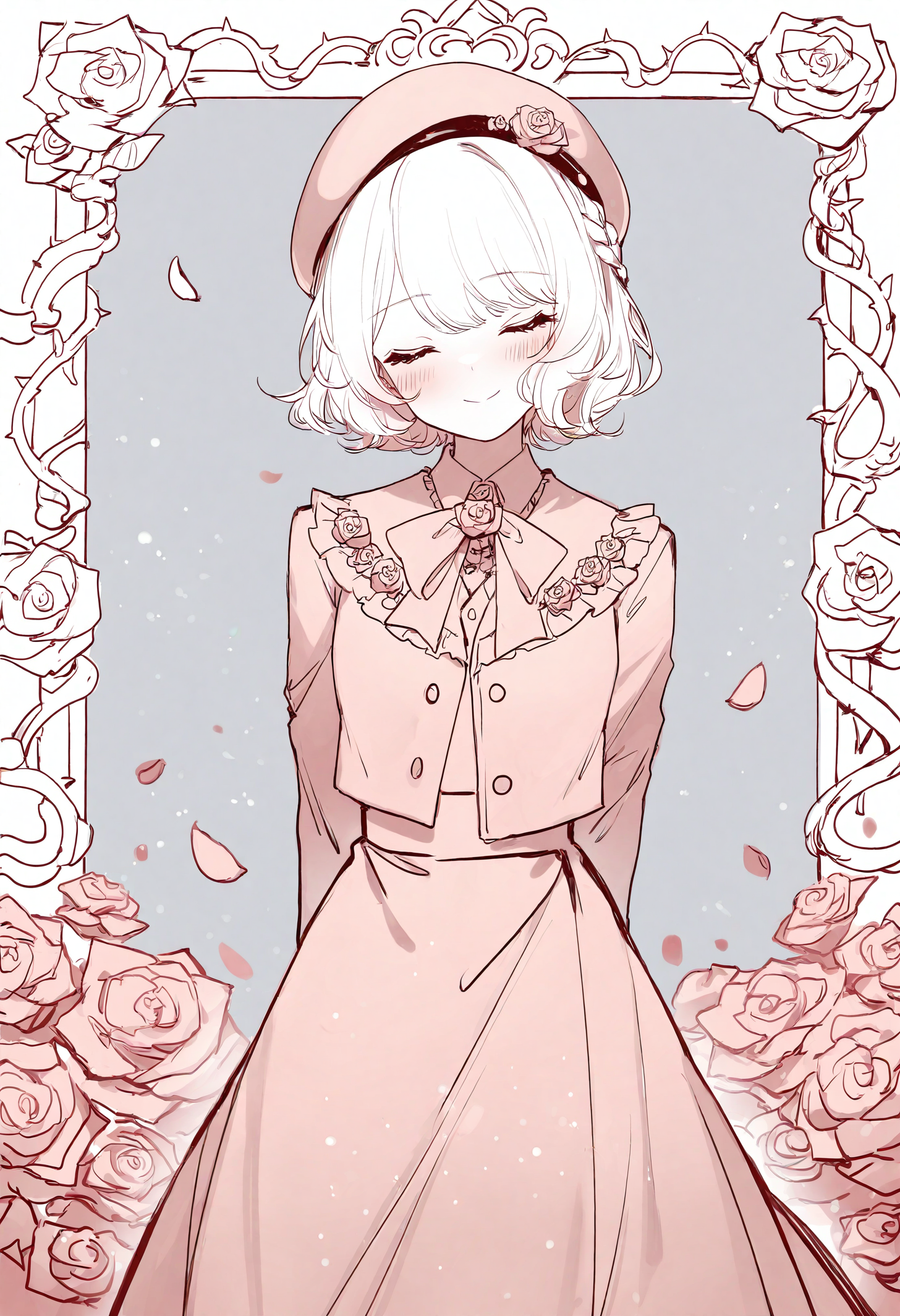 1girl, smile, solo, flower, hat, rose, facing viewer, beret, closed eyes, petals, skirt, head tilt, monochrome, closed mouth, arms behind back, blush, bow, long sleeves, jacket, braid, short hair,
masterpiece,best quality,newest,absurdres,highres,very awa,<lora:sheya1_noob1.1-000198:0.8>,