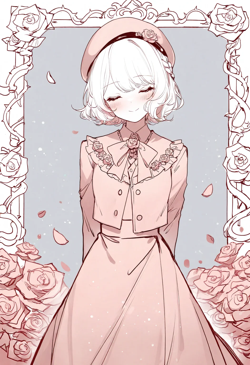 1girl, smile, solo, flower, hat, rose, facing viewer, beret, closed eyes, petals, skirt, head tilt, monochrome, closed mouth, arms behind back, blush, bow, long sleeves, jacket, braid, short hair,
masterpiece,best quality,newest,absurdres,highres,very awa,<lora:sheya1_noob1.1-000198:0.8>,