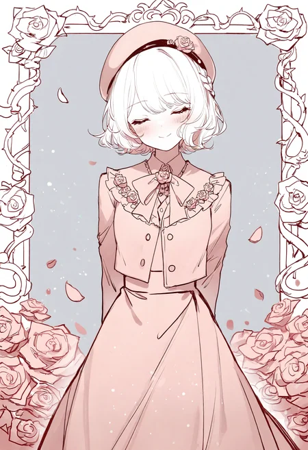 1girl, smile, solo, flower, hat, rose, facing viewer, beret, closed eyes, petals, skirt, head tilt, monochrome, closed mouth, arms behind back, blush, bow, long sleeves, jacket, braid, short hair,
masterpiece,best quality,newest,absurdres,highres,very awa,<lora:sheya1_noob1.1-000198:0.8>,