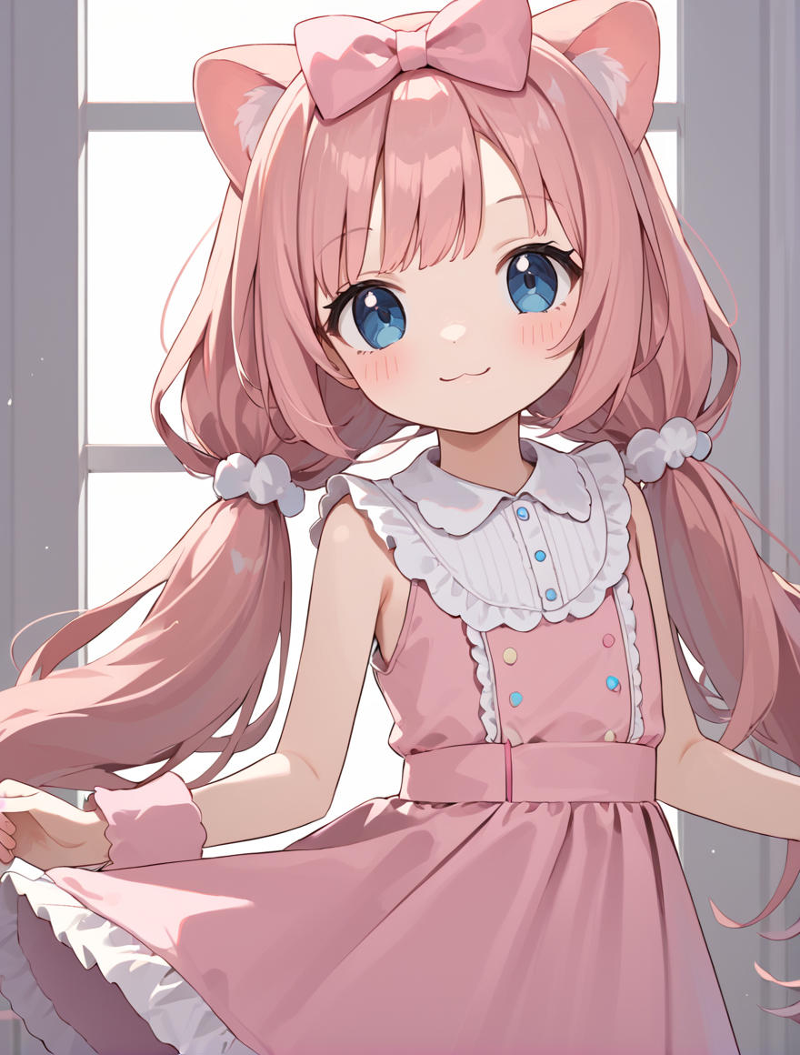 score_9,score_8_up,score_7_up,source_anime, BREAK best quality, masterpiece, absurd res, rating_safe, 1girl,solo,(young:1.15), (small face),  light smile,  blue eyes, trashcat, dancing, indie_virtual_youtuber, pink hair, long hair, twintails, <lora:Trashcat:1>