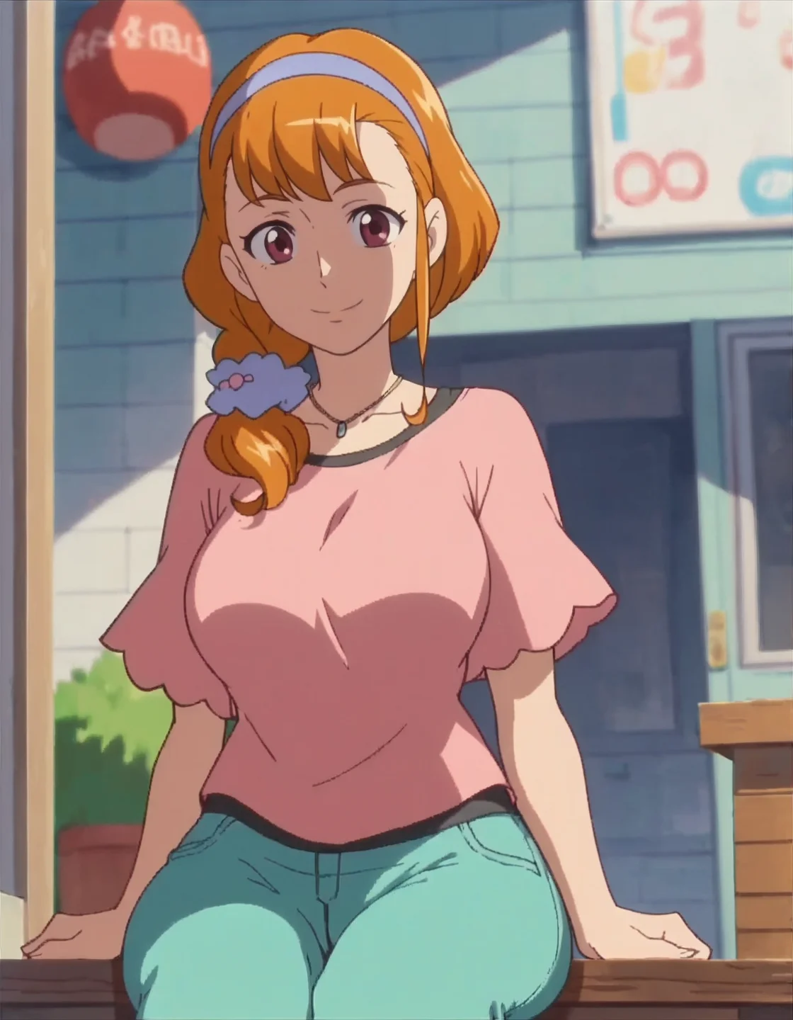 score_9, score_8_up, score_7_up, anime screencap, solo,1girl,asahinakyouko, hairband,necklace, jewelry,pants, smile, shirt, looking at viewer, pink shirt,  short sleeves,cowboy shot,large breasts,sitting,cameltoe,huge ass<lora:asahinakyouko:0.8>