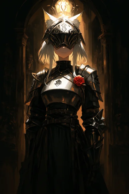 masterpiece, best quality, newest, absurdres, 
 ral-18thlxry,Classicism Art,Oil Painting, (Rembrandt lighting:1.2), split diopter, kal'tsit (arknights), solo, BREAK Clad in blackened plate armor, polished to a mirror sheen, she is known as the Iron Rose, the queen's most trusted protector. Her helmet, adorned with a single, exquisite rose crafted from iron, never leaves her side, a symbol of her unwavering loyalty and the iron will that lies beneath her stoic exterior. <lora:ponyv4_noob1_2_adamW-000017:0.7000000000000001> <lora:USNR_STYLE_XL_lokr:0.6> <lora:EtherSDXL:0.15>